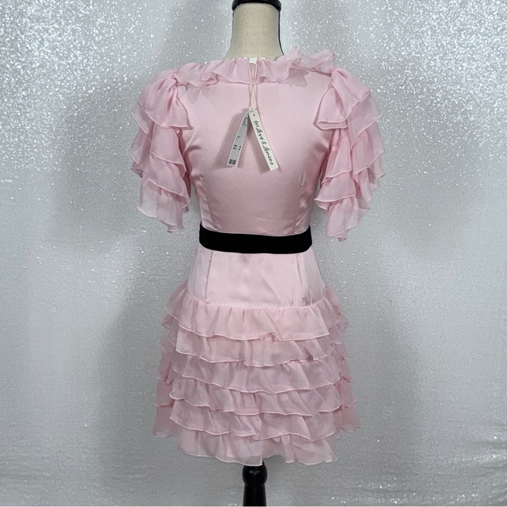 For Love & Lemons Danali Ruffle Pink Ruffle Mini Dress with Black bow - Picture 5 of 16